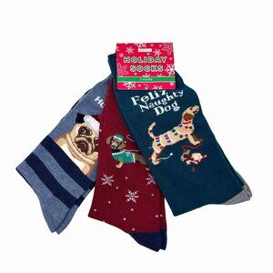 NWT FELIZ NAUGHTY DOG CHRISTMAS HOLIDAY SOCK SET OF 3 SZ 8-13 DACHSHUND PUG